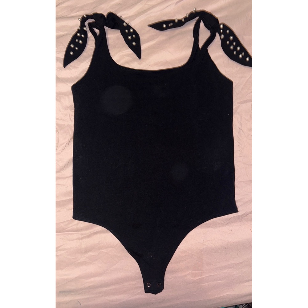 Express Black Pearl Bow Tank Top Bodysuit, Size Large